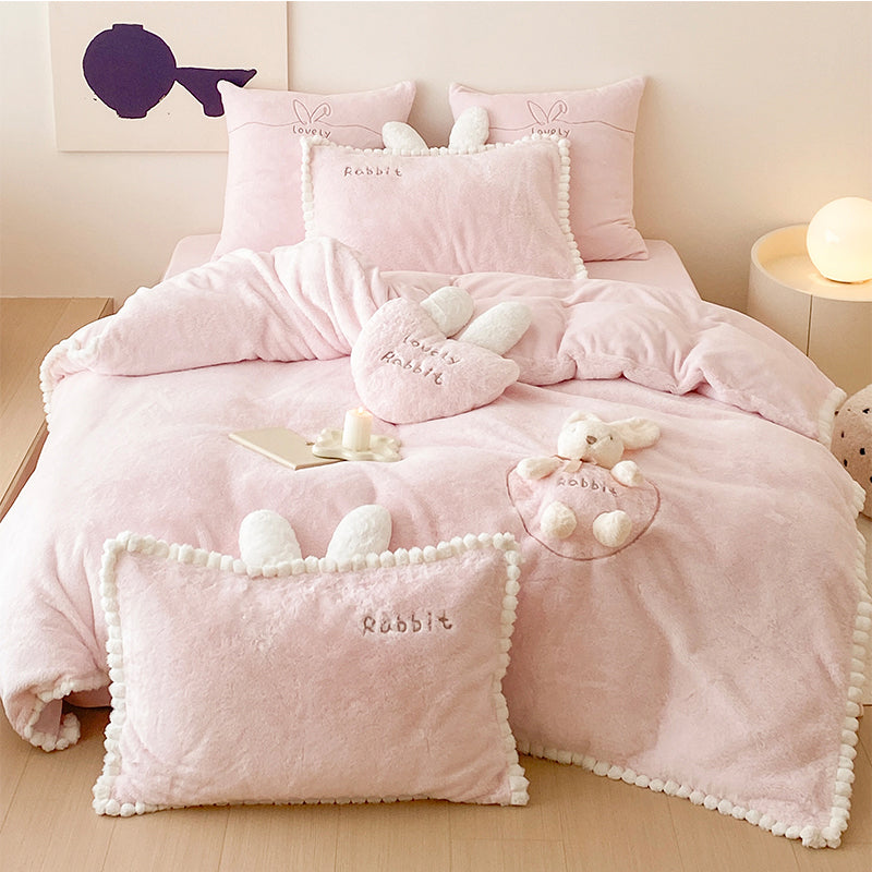 Cartoon Rabbit Pink Milk Velvet Bedding Set