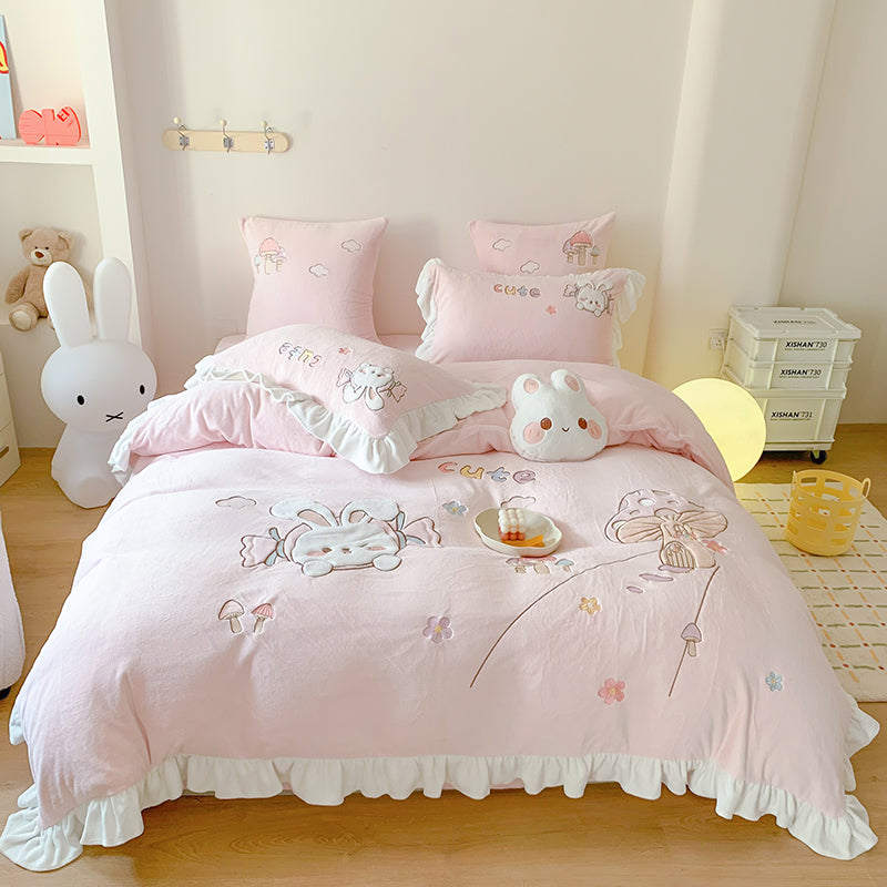 Cute Rabbit Pink Milk Velvet bedding sets