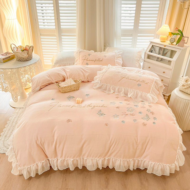 Floral Butterfly Milk Fleece Lace Edged Pink Bedding Set