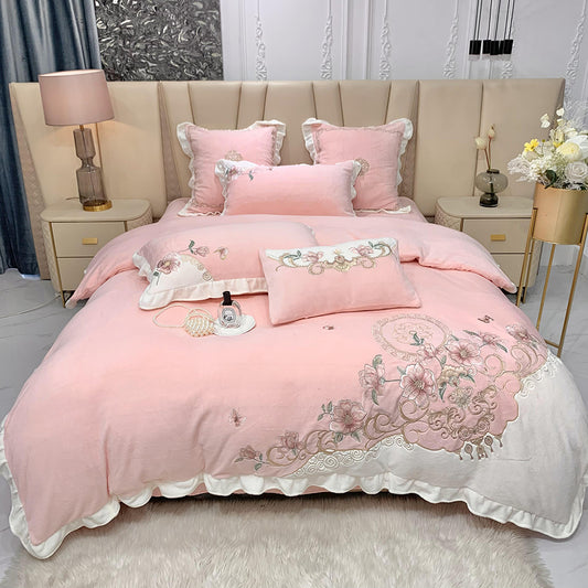 Flower Embroidered Milk Fleece Pink Bedding Set