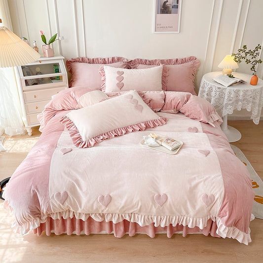 Heart Embroidery Fleece Pink Bedding Set