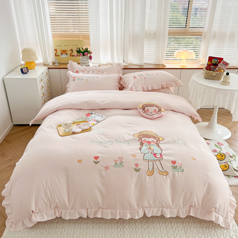 Cartoon Girl Pink Cotton Bedding Set